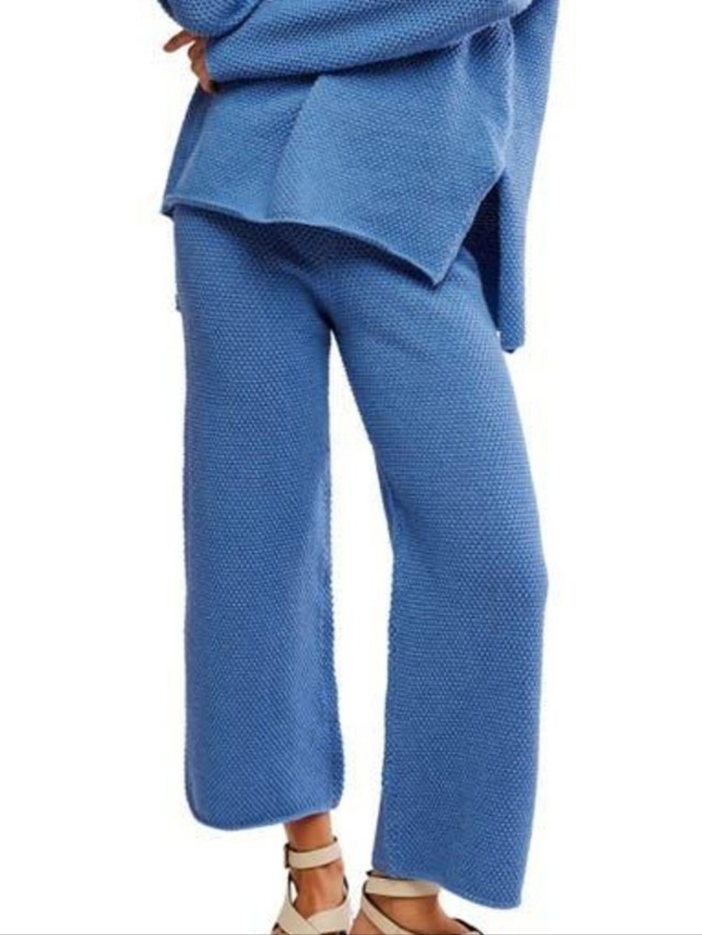 Free People Beach Blue Sweater Knit Wide-Leg Cropped Pants Size Large